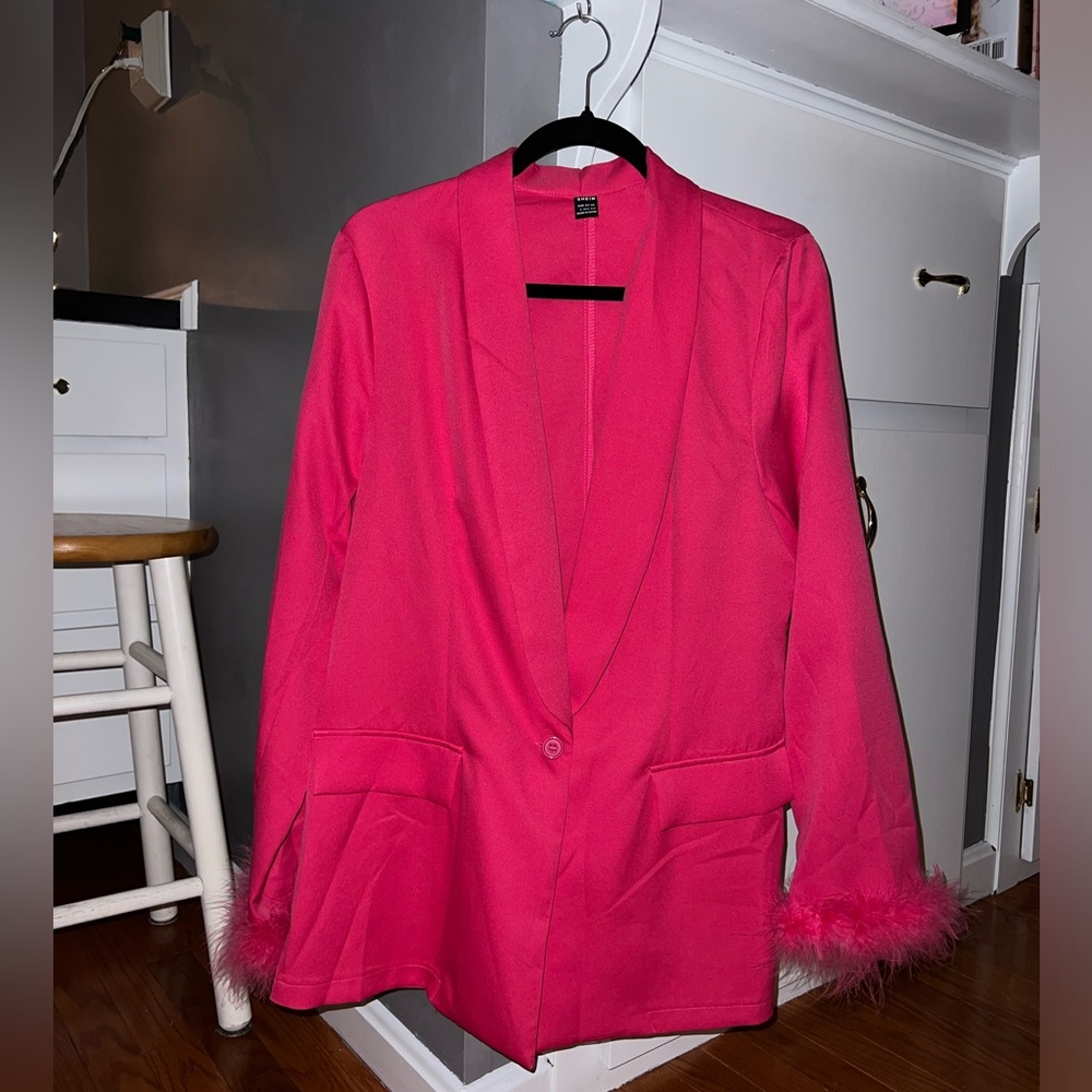 Hot Pink Feather Trim Blazer